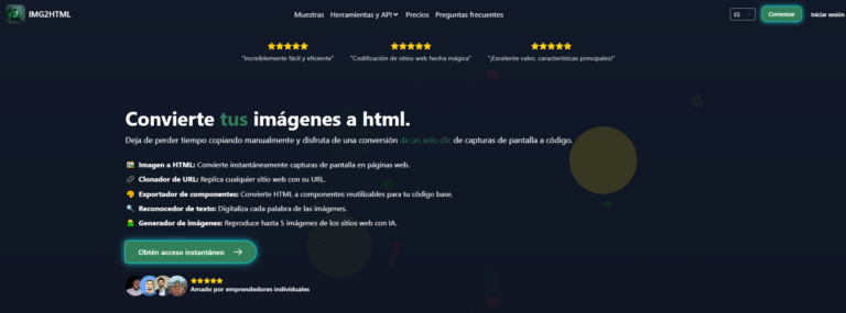 Img2html, el primer convertidor de imágenes a HTML con IA del mundo. Gracias a su tecnología innovadora, ahora puedes convertir fácilmente cualquier imagen en un código HTML y CSS limpio en solo unos minutos.