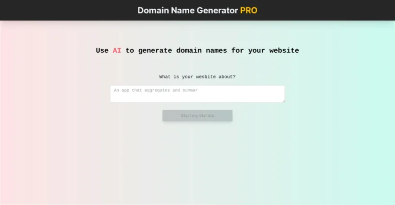 Imagen de inicio de DomainNameGenerator.pro, mostrando una interfaz amigable con campos para ingresar palabras clave y botones para generar y verificar la disponibilidad de nombres de dominio.