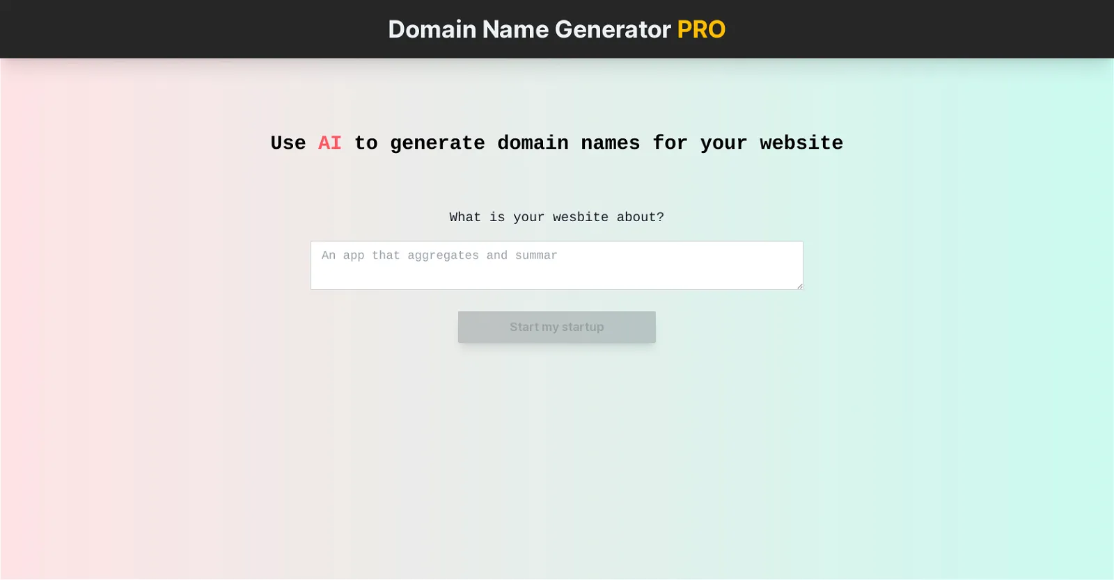 Imagen de inicio de DomainNameGenerator.pro, mostrando una interfaz amigable con campos para ingresar palabras clave y botones para generar y verificar la disponibilidad de nombres de dominio.