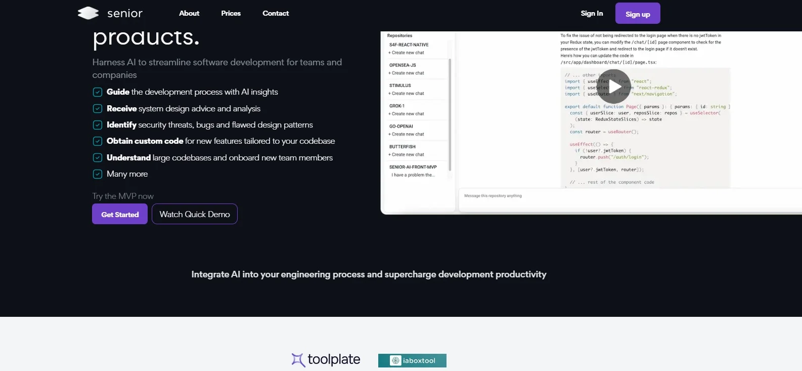 Optimiza tu flujo de trabajo de desarrollo con SeniorAI. Analiza, genera y mejora tu código con inteligencia artificial.