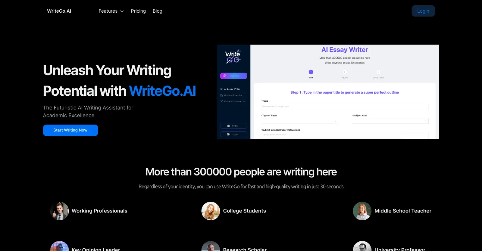 WriteGo.ai, mostrando la interfaz de usuario con opciones de herramientas de escritura y edición.