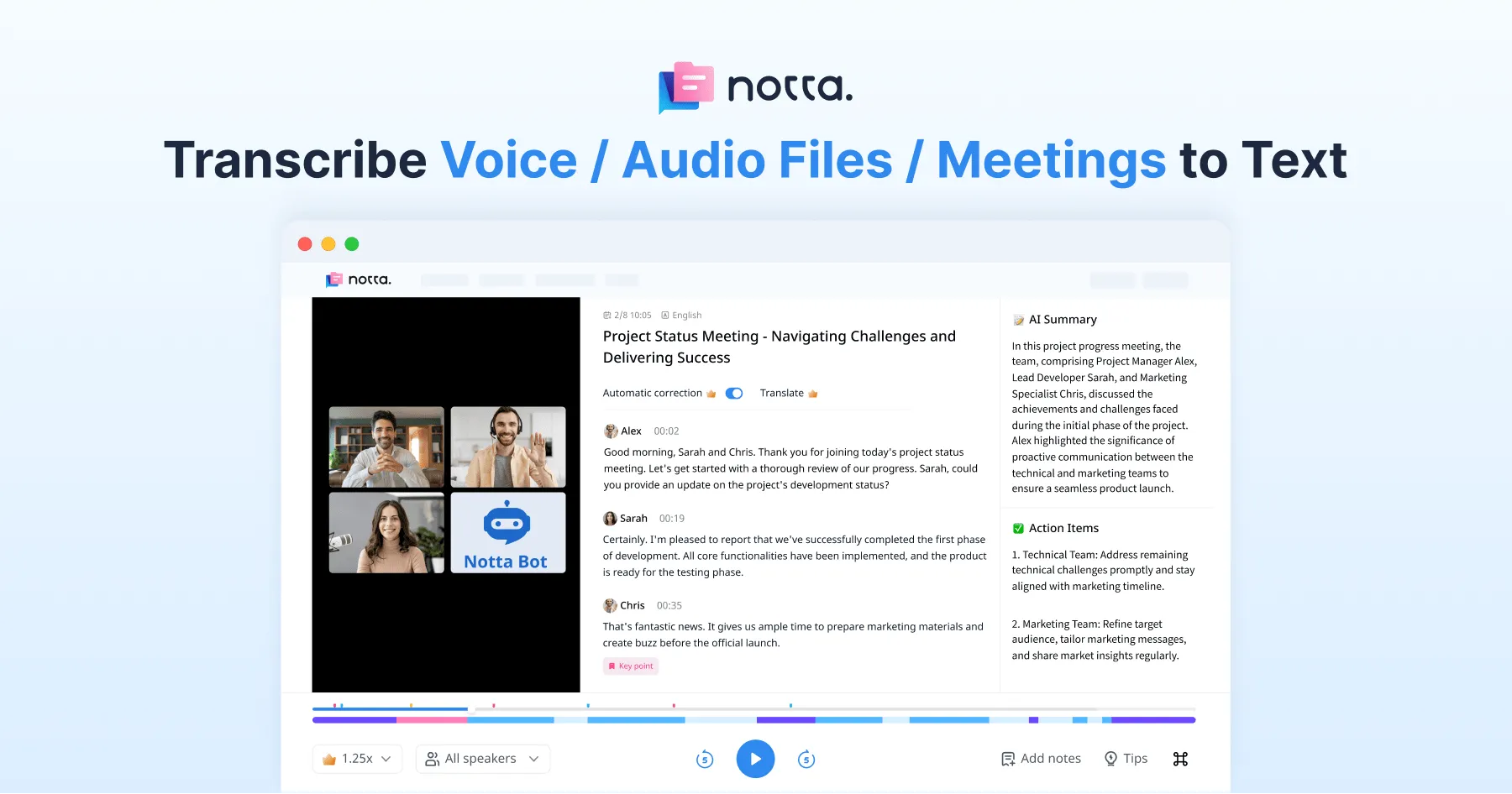 Notta AI, una herramienta de transcripción de voz a texto impulsada por inteligencia artificial para mejorar la productividad en reuniones y entrevistas.