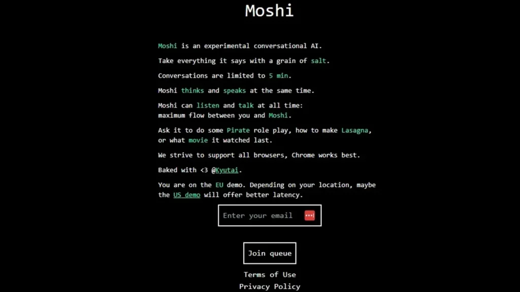Moshi Chat: Tu asistente IA en tiempo real con expresión emocional y procesamiento simultáneo. ¡Conversaciones naturales y fluidas!