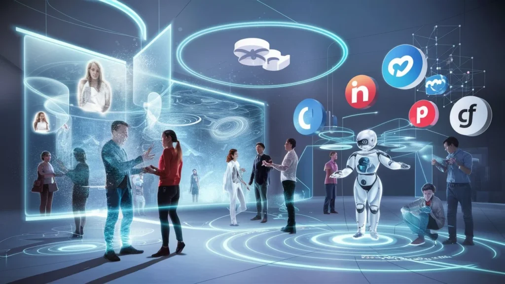Conceptualización futurista de redes sociales con integración de IA y realidad virtual, representando la transformación digital en la interacción social.