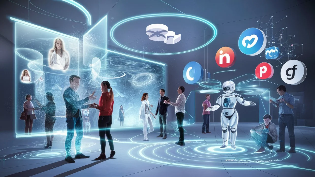 Conceptualización futurista de redes sociales con integración de IA y realidad virtual, representando la transformación digital en la interacción social.