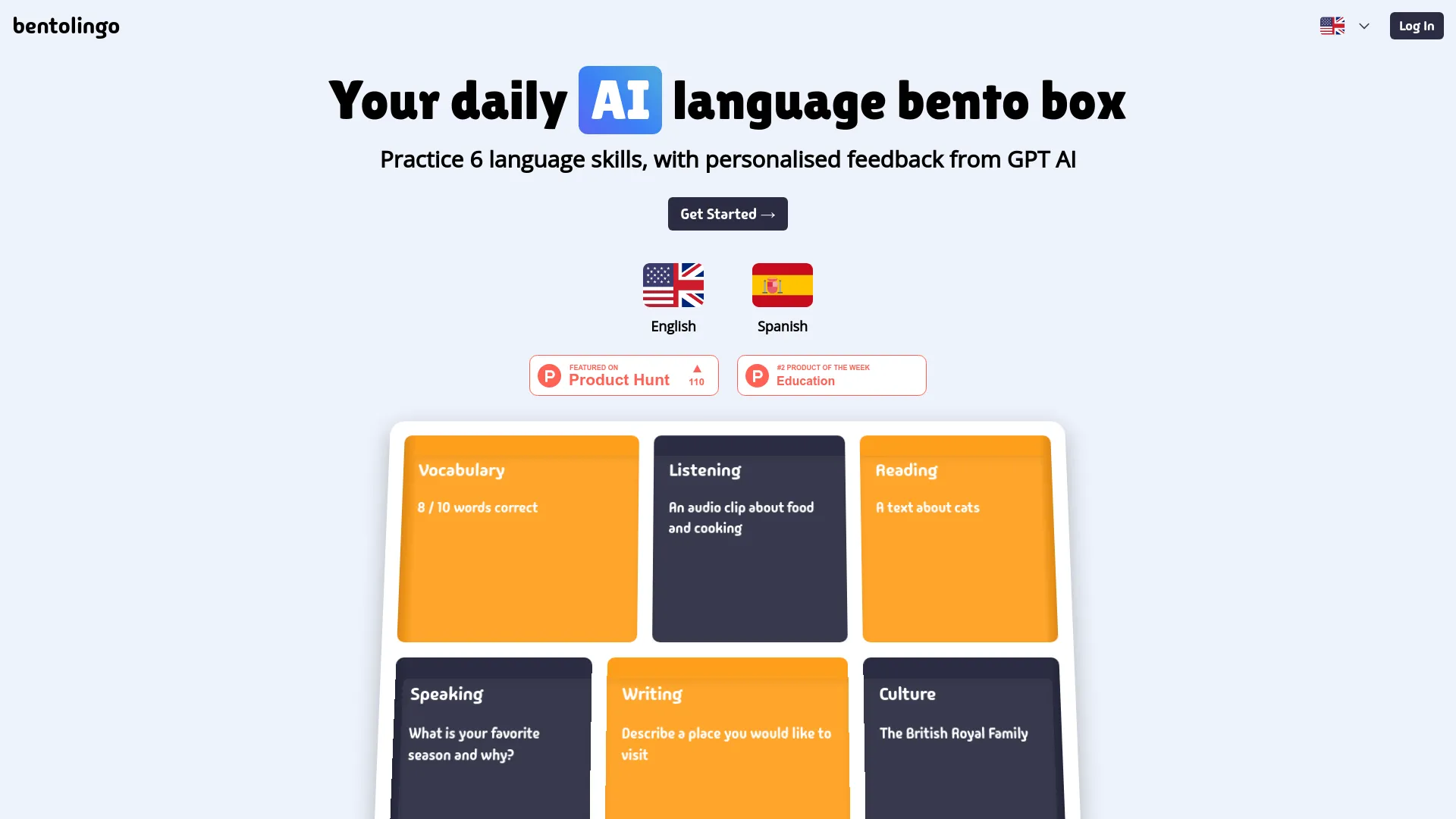 Interfaz de Bentolingo mostrando una variedad de actividades de aprendizaje de idiomas personalizadas mediante inteligencia artificial.