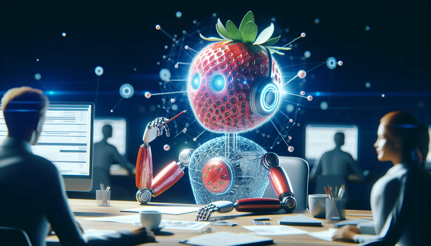 Ilustración conceptual de OpenAI Strawberry, mostrando una IA avanzada realizando tareas complejas y navegando por la web de forma autónoma