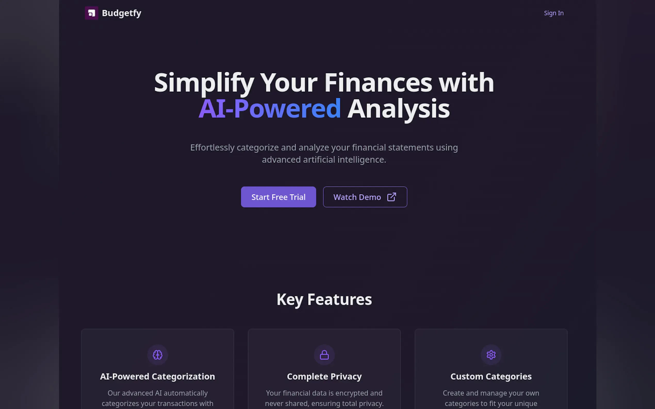 Interfaz de Budgetfy Pro mostrando la categorización automática de transacciones financieras con inteligencia artificial