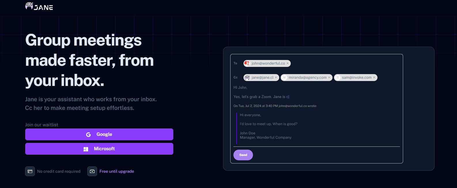 jane Cal - el calendario y la bandeja de entrada para programar reuniones automáticamente mediante inteligencia artificial.