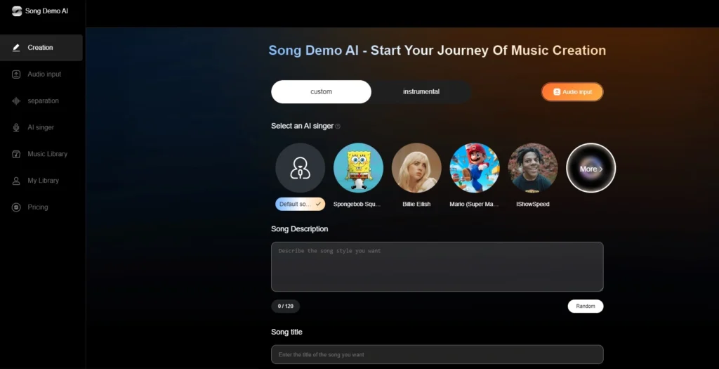 Interfaz de Song Demo AI mostrando opciones para crear música personalizada con inteligencia artificial.