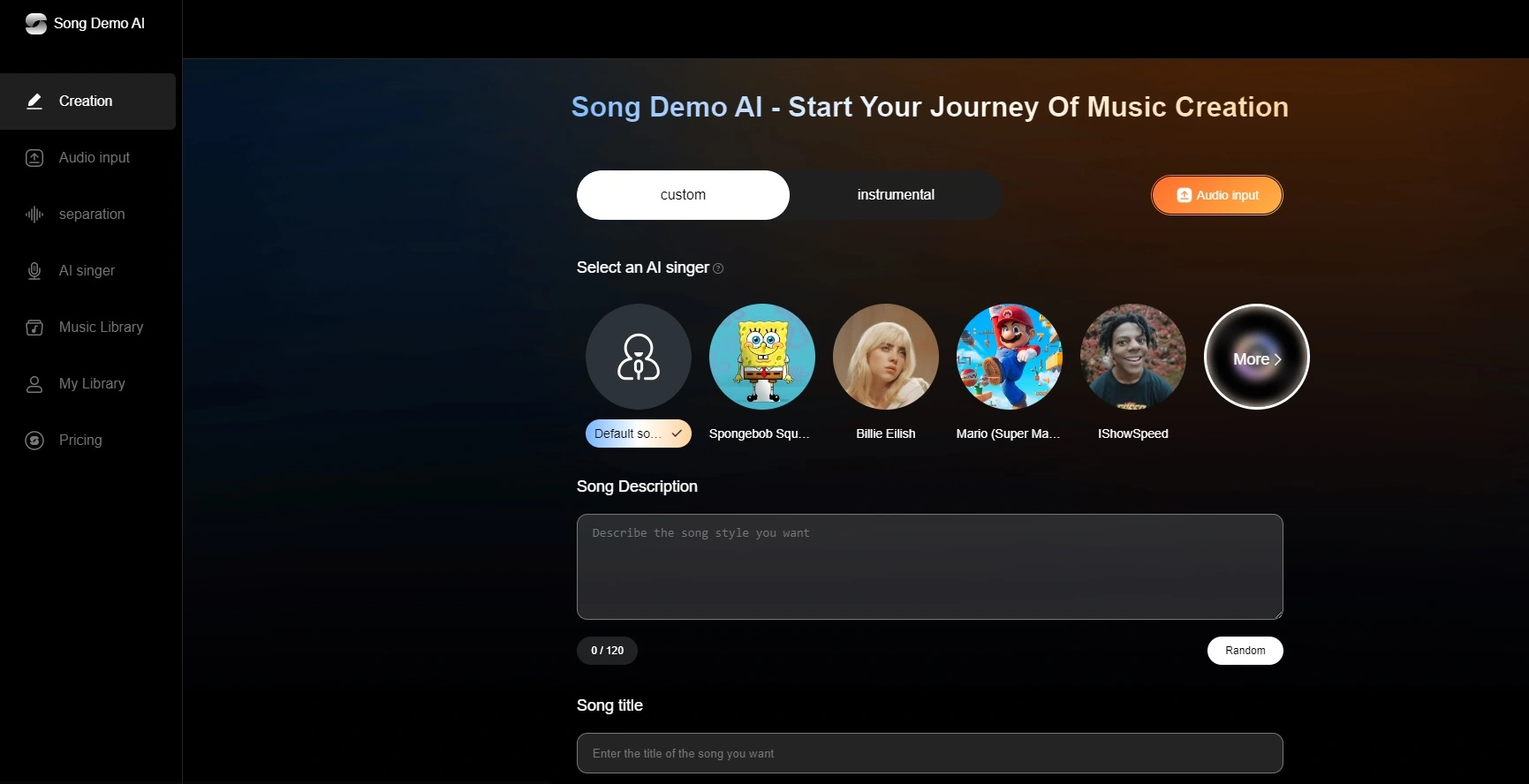 Interfaz de Song Demo AI mostrando opciones para crear música personalizada con inteligencia artificial.