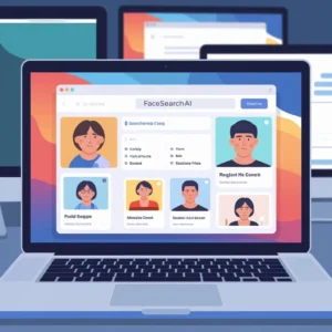 Captura de pantalla de FacesearchAI mostrando resultados de búsqueda facial y datos personales encontrados en la web