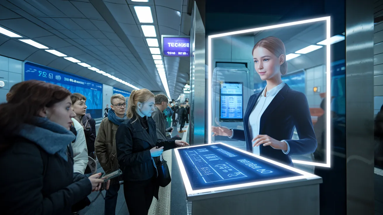 IA vendiendo boletos en el metro de Moscú, con una vendedora virtual atendiendo a los pasajeros desde una pantalla