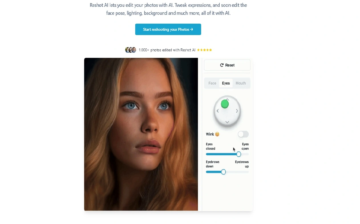Interfaz de Reshot AI mostrando herramientas de edición de fotos con inteligencia artificial.