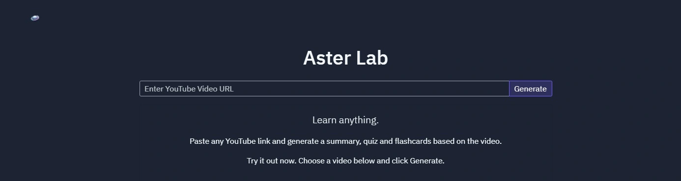 Aster Lab: Convierte videos de YouTube en resúmenes, quizzes y flashcards interactivos para mejorar el aprendizaje.