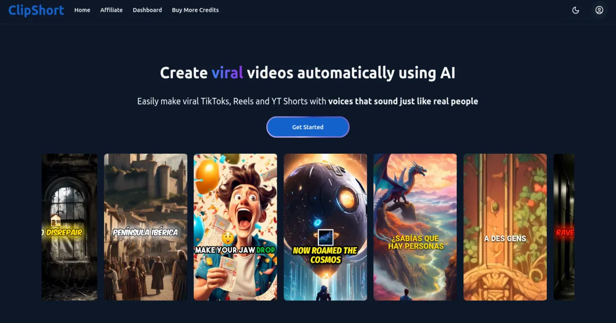 ClipShort: Plataforma impulsada por IA para crear TikToks y Reels automáticamente con voces realistas y subtítulos personalizados