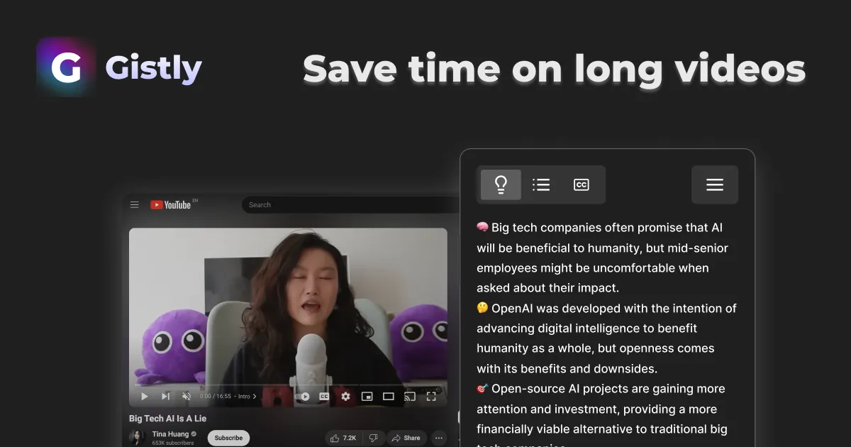 Interfaz de Gistly mostrando resumen de un video largo de YouTube generado por inteligencia artificial
