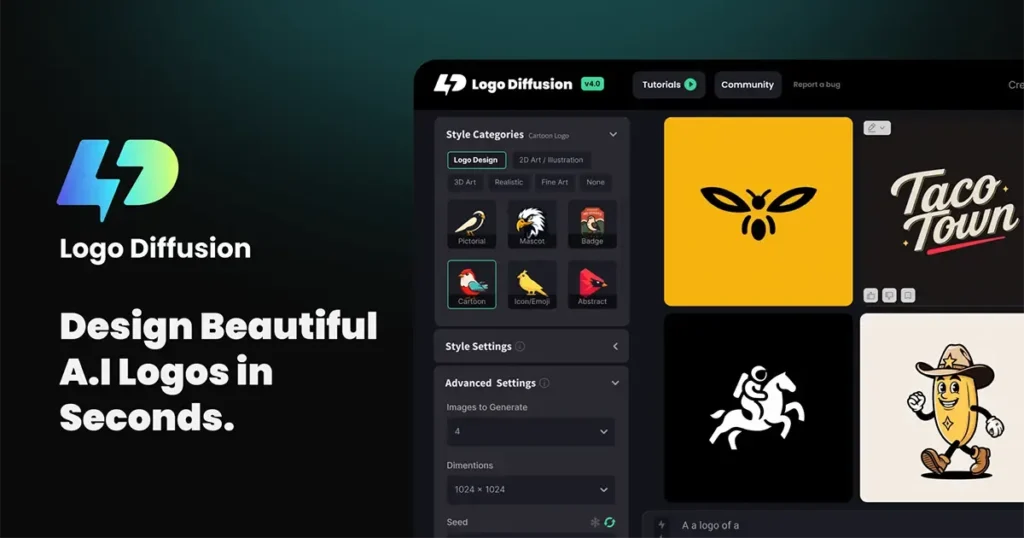 Logo Diffusion: Plataforma de inteligencia artificial para crear logotipos únicos y personalizados en segundos.