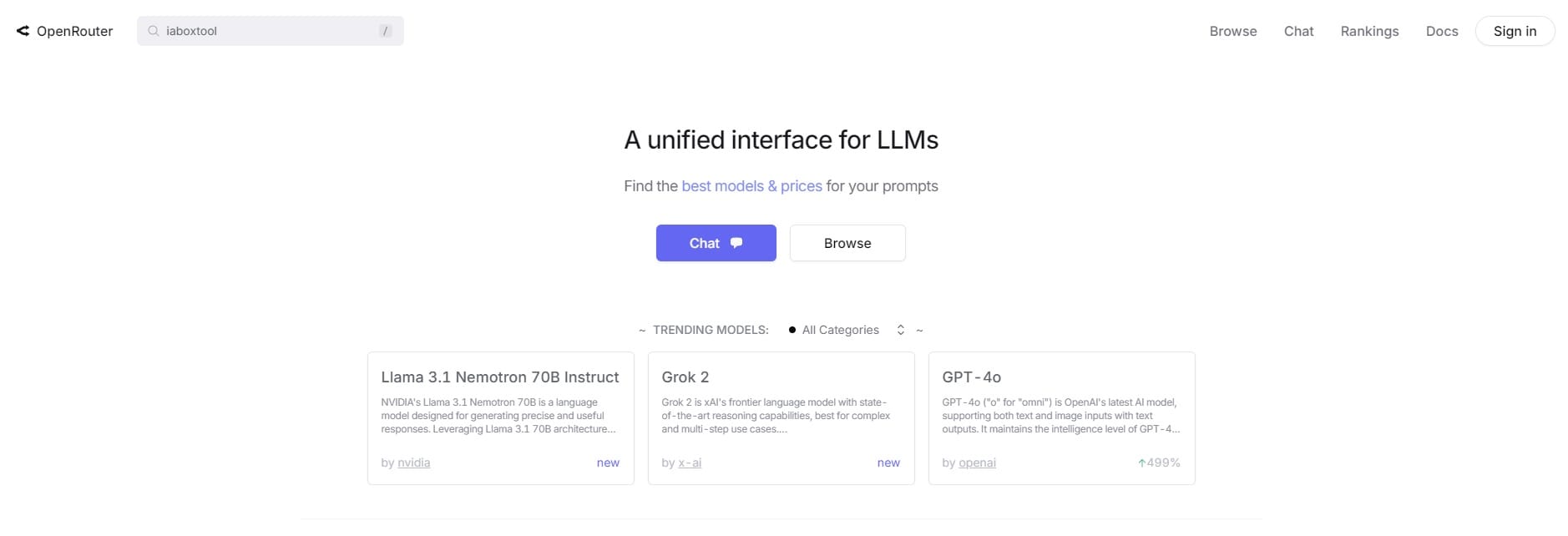 Interfaz de OpenRouter AI mostrando múltiples modelos de inteligencia artificial accesibles desde una plataforma unificada.