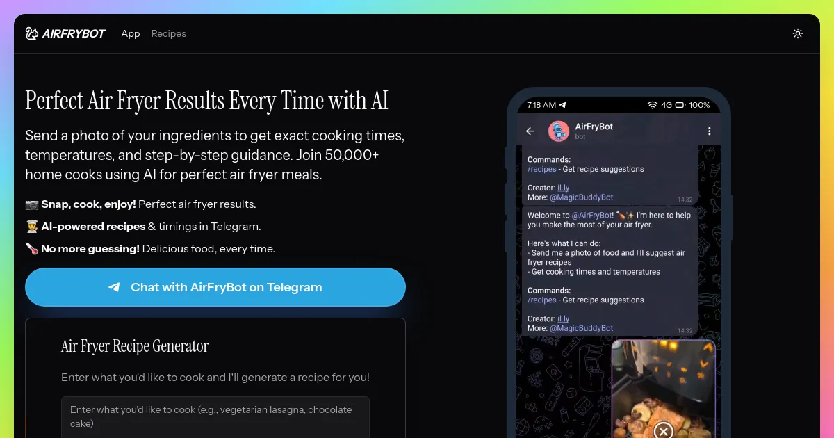 AirFryBot crea recetas optimizadas para freidoras de aire, generadas con inteligencia artificial.