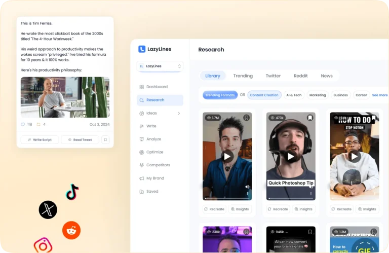 LazyLines.ai crea videos virales con inteligencia artificial.