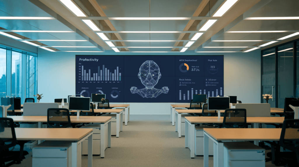Oficina vacía con gráficos controlados por inteligencia artificial representando el impacto de la automatización en el empleo.