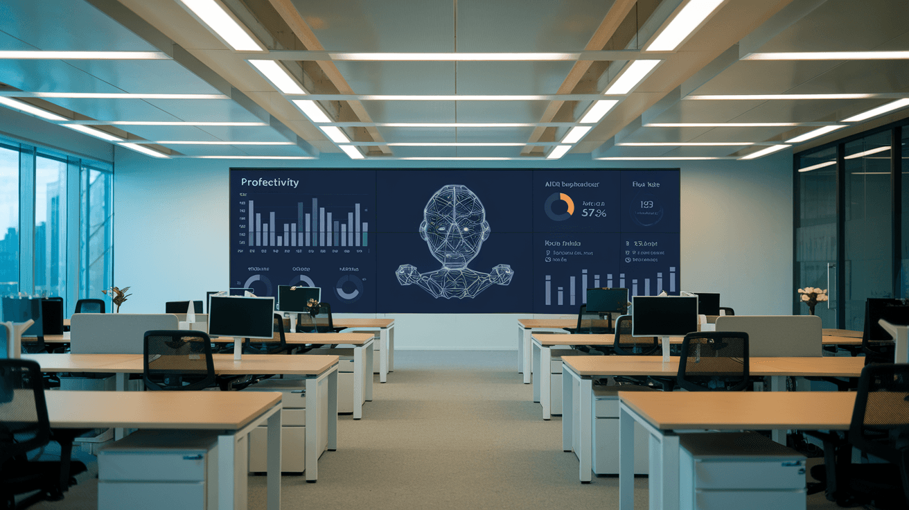 Oficina vacía con gráficos controlados por inteligencia artificial representando el impacto de la automatización en el empleo.