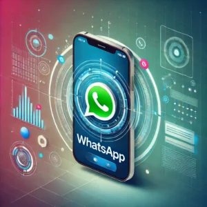 smartphone mostrando ChatGPT integrado en WhatsApp, con gráficos futuristas que representan inteligencia artificial