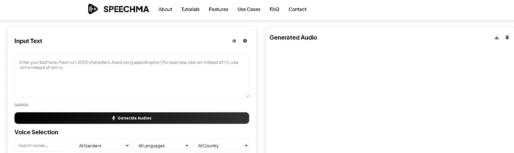 Interfaz de Speechma mostrando opciones para convertir texto en audio profesional con voces naturales y soporte multilingüe.
