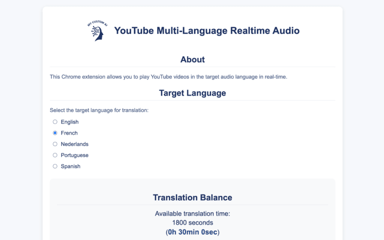 Extensión de IA traduciendo en tiempo real el audio de un video de YouTube para facilitar su comprensión en cualquier idioma.