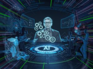 Ilustración futurista de Bill Gates en un entorno digital, rodeado de engranajes y símbolos de inteligencia artificial, con interfaces tecnológicas avanzadas y gráficos de datos, simbolizando la transformación del mercado laboral por la IA