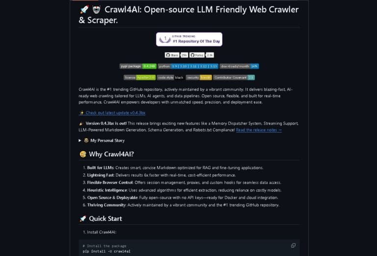 Crawl4AI: Herramienta de scraping web impulsada por IA para extraer datos con rapidez y precisión.