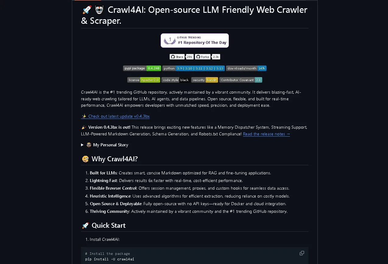 Crawl4AI: Herramienta de scraping web impulsada por IA para extraer datos con rapidez y precisión.