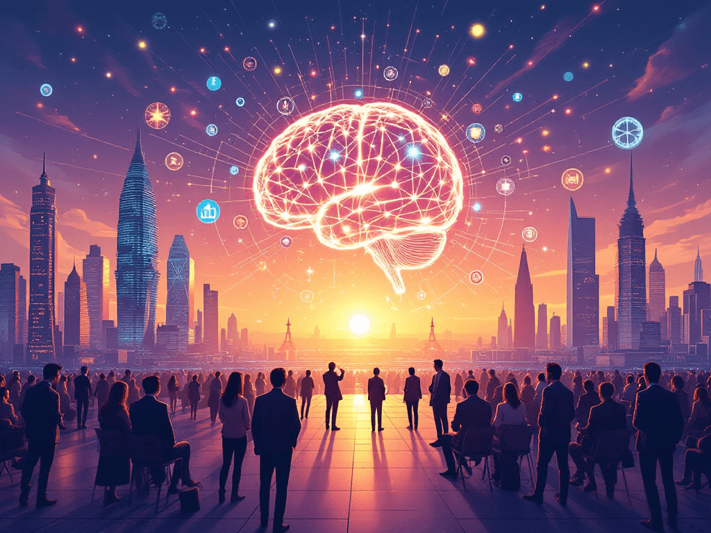 Ilustración de líderes mundiales en una cumbre sobre IA en París, destacando avances tecnológicos en salud, educación y medio ambiente.