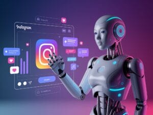 Robot de inteligencia artificial optimizando una cuenta de Instagram con gráficos de engagement crecientes, interfaz holográfica y notificaciones flotantes, representando la automatización y mejora de interacciones en redes sociales mediante IA.