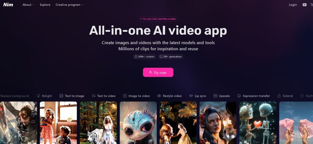 Nim.video mostrando herramientas de creación de videos con inteligencia artificial