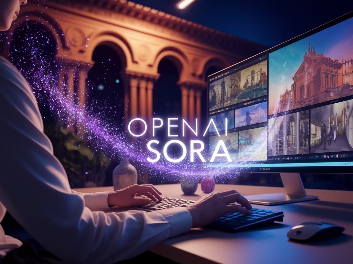 Interfaz de Sora de OpenAI mostrando la transformación de texto a vídeo con IA, con un usuario creando contenido cinematográfico en alta resolución. Logo de OpenAI visible y disponibilidad en España destacada.
