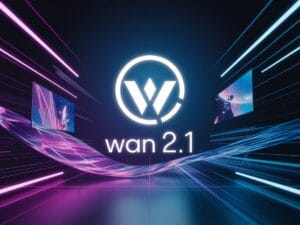 Alibaba Wan 2.1 mostrando un logo futurista con generación de imágenes y videos de alta calidad, simbolizando innovación en IA.