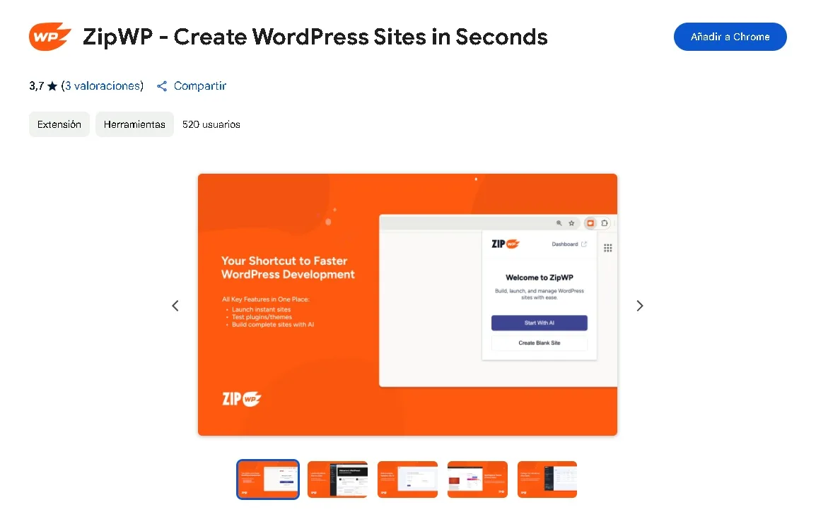 Extensión ZipWP para crear sitios WordPress rápidamente con inteligencia artificial.
