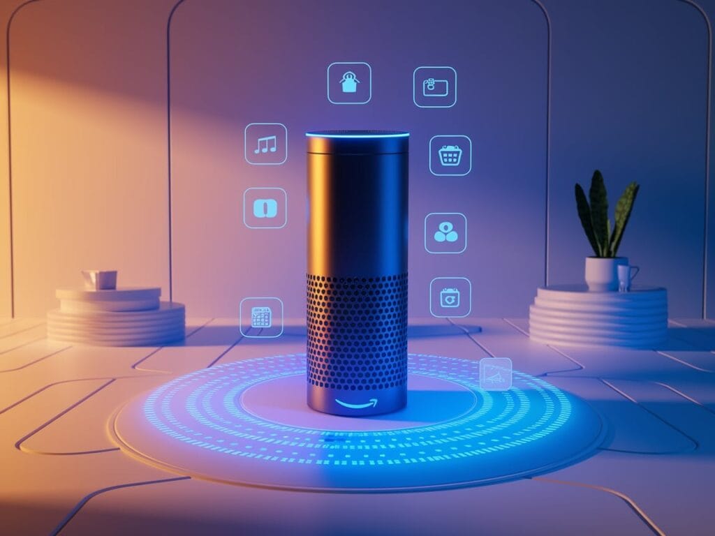 Alexa+ en acción: Asistente de IA con luz azul futurista, mostrando funciones avanzadas como música, compras y control del hogar inteligente