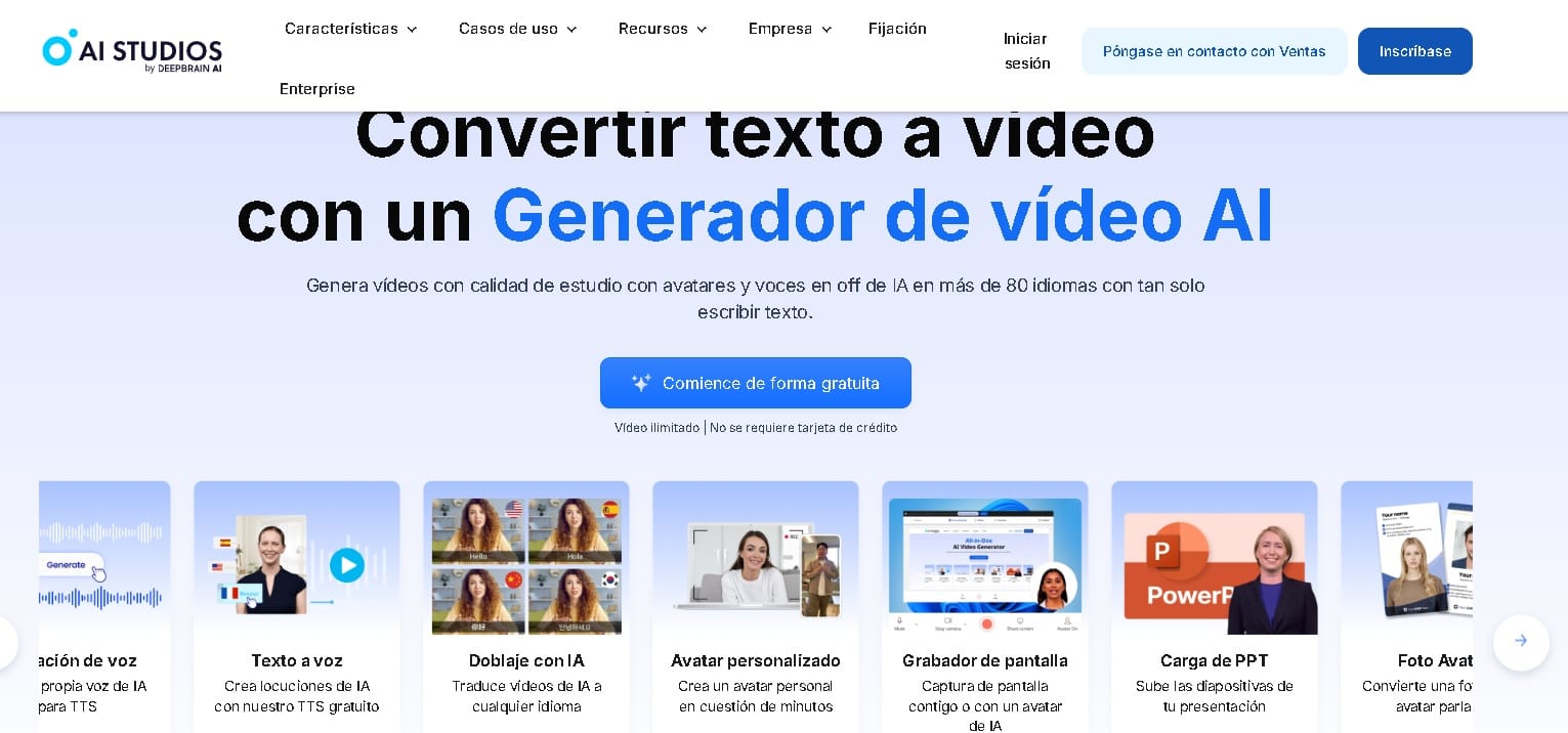 AI Studios, plataforma de generación de vídeos con avatares realistas y tecnología de inteligencia artificial.