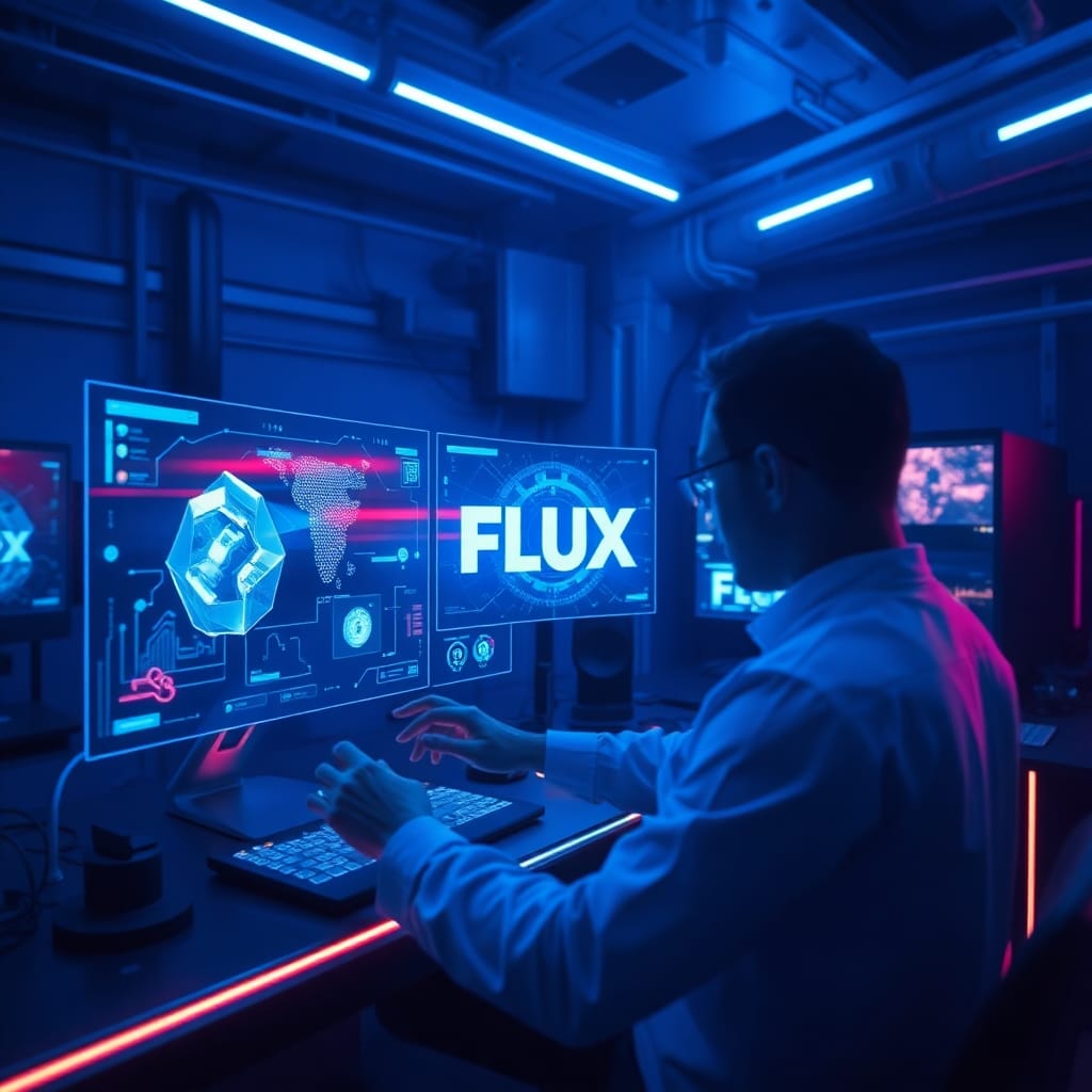 Persona utilizando Flux AI en un estudio futurista, generando imágenes con inteligencia artificial en una pantalla holográfica