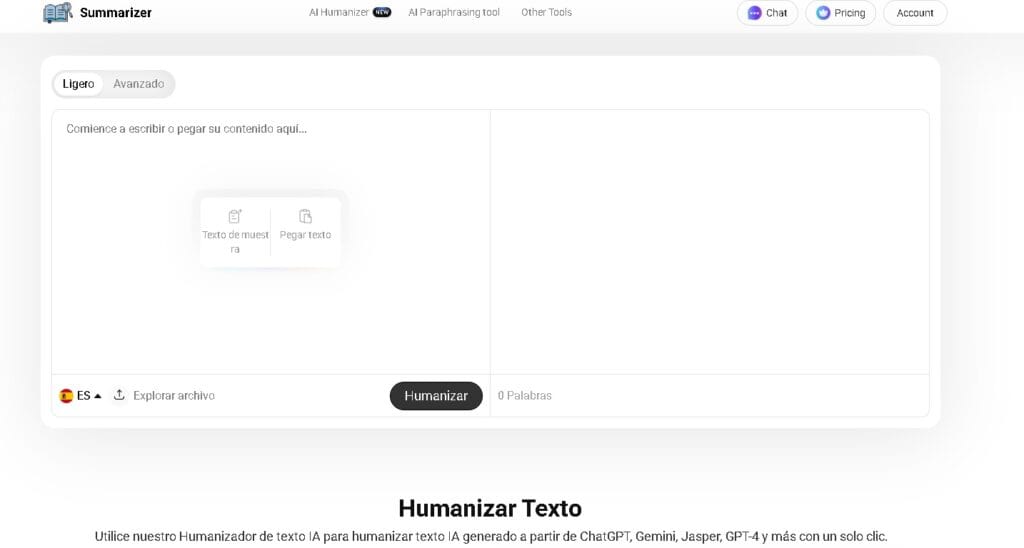 Herramienta Summarizer para humanizar textos generados por IA, mejorando la legibilidad y naturalidad del contenido.