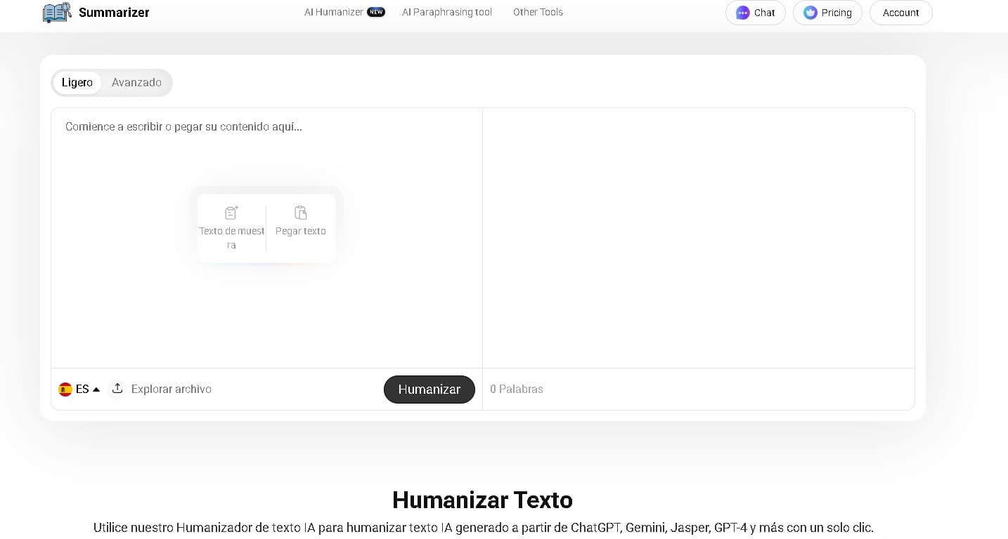 Herramienta Summarizer para humanizar textos generados por IA, mejorando la legibilidad y naturalidad del contenido.
