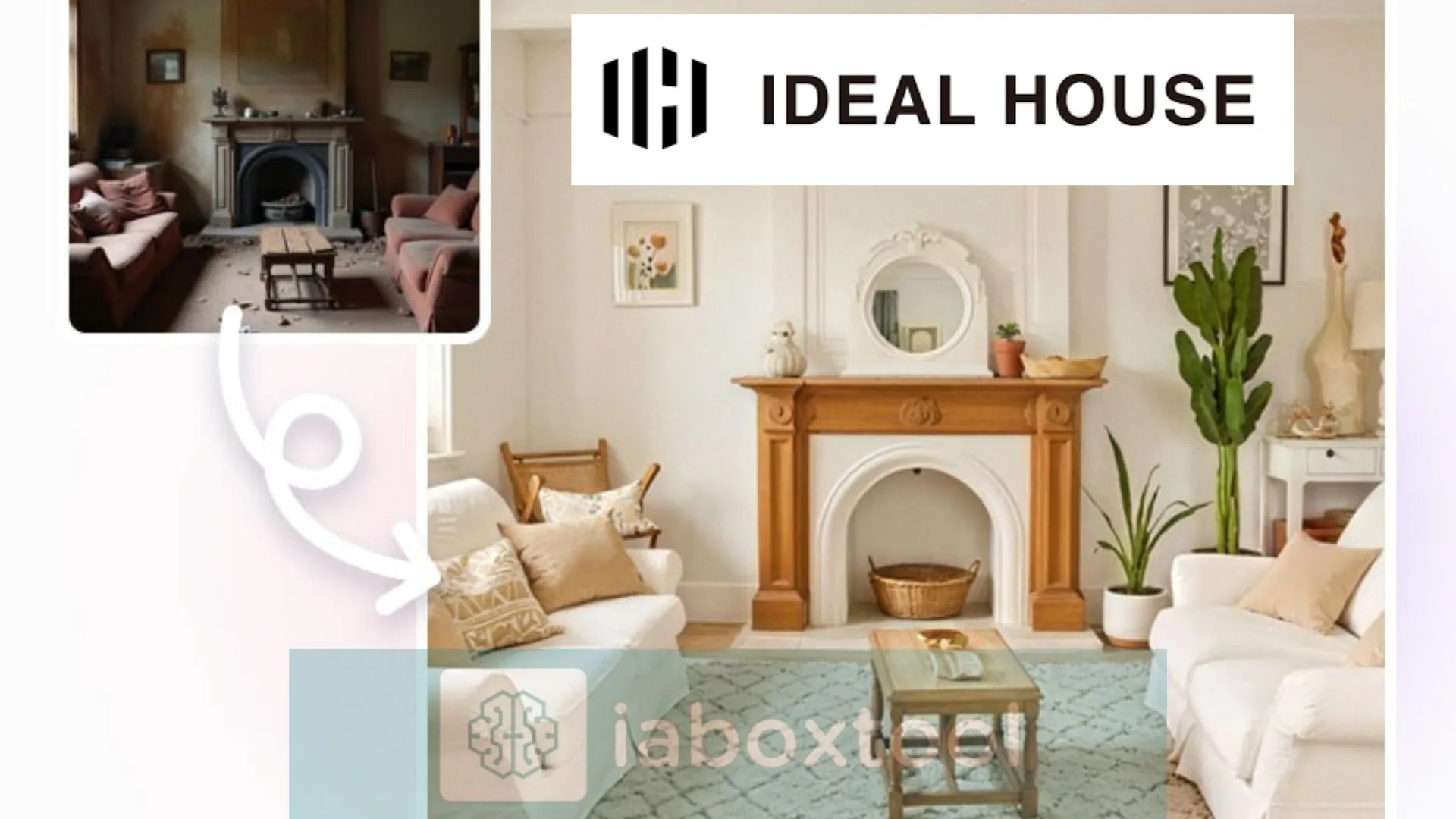 Interfaz de Ideal House mostrando transformación de sala de estar con IA, antes y después del rediseño.