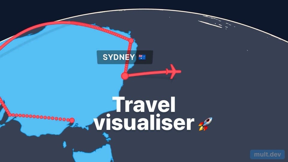 Animación de vuelo alrededor del mundo creada con Mult.dev, mostrando rutas de viaje personalizadas en un mapa interactivo.