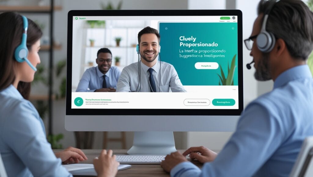 Profesional utilizando Cluely, asistente IA invisible, durante una reunión virtual mientras recibe sugerencias discretas para mejorar su comunicación