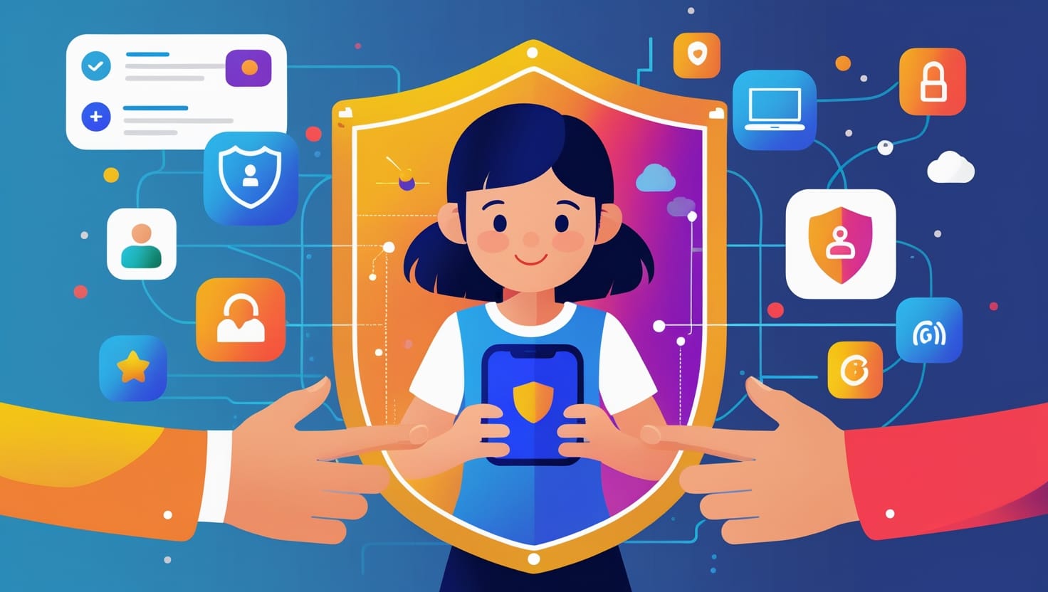 Escudo digital protegiendo a un niño mientras usa un dispositivo móvil, con manos de padres guiándolo en un entorno seguro, mostrando interfaces de aplicaciones de control parental con íconos de protección y supervisión.