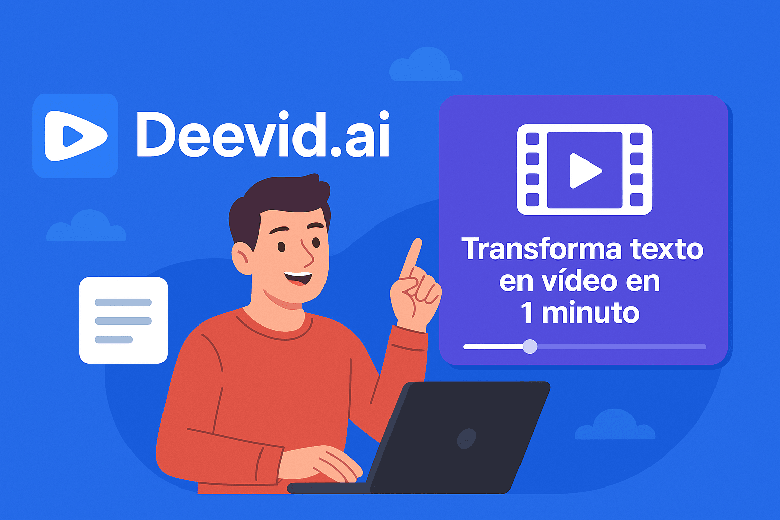 Ilustración colorida que representa a un usuario feliz creando vídeos con Deevid.ai y su lema “Transforma texto en vídeo en 1 minuto”