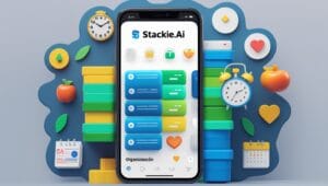 Smartphone mostrando la interfaz de Stackie.AI con stacks coloridos y íconos de hábitos (diario, reloj, manzana) en un fondo futurista, representando organización con IA.